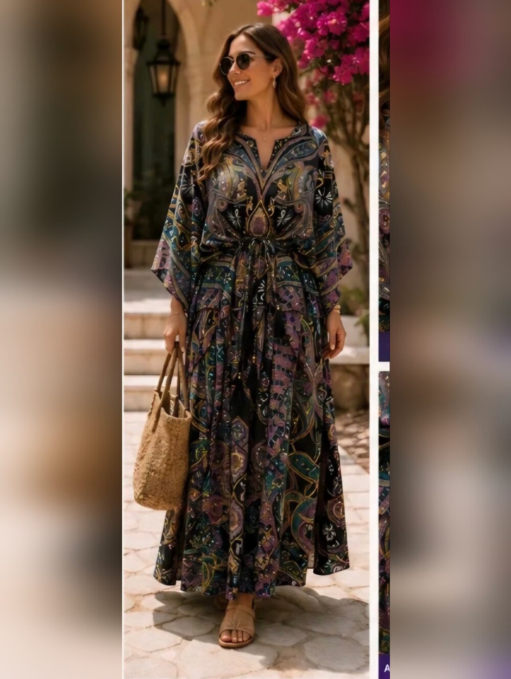 Black Multi-Pattern Caftam Maxi Dress with Waist Tie